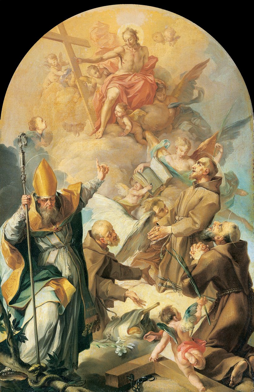 Tre kapucinerhelgon och en biskop som tillber Kristus och korset av Giovanni Lanfranco