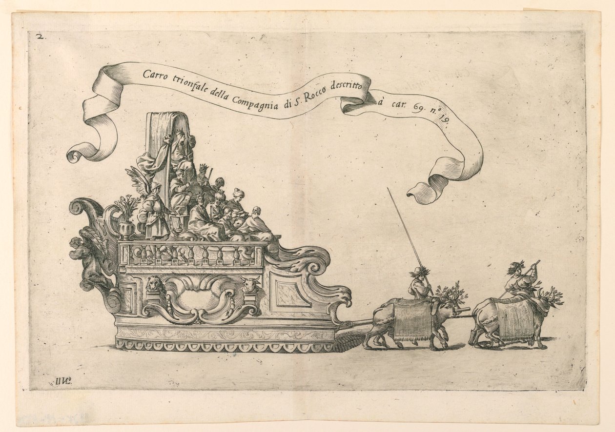 En paradflotta i Reggio, Italien: "The Triumphal Carriage of the Company of St. Roch". Tavla 2b från A. Isacchi, "Relation av Alfonso Isachi kring Madonnans ursprung, högtidlighet, översättning och mirakel av Giovanni Luigi Valesio