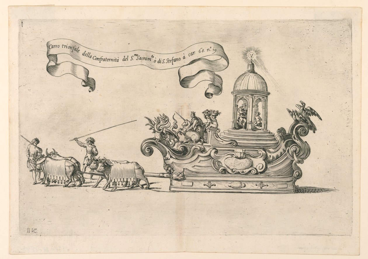 En paradflotta i Reggio, Italien: "The Triumphal Carriage of the Confraternity of the Holy Sacrament of St. Stephen". Platta 2a från A. Isacchi, "Relation av Alfonso Isachi kring or av Giovanni Luigi Valesio