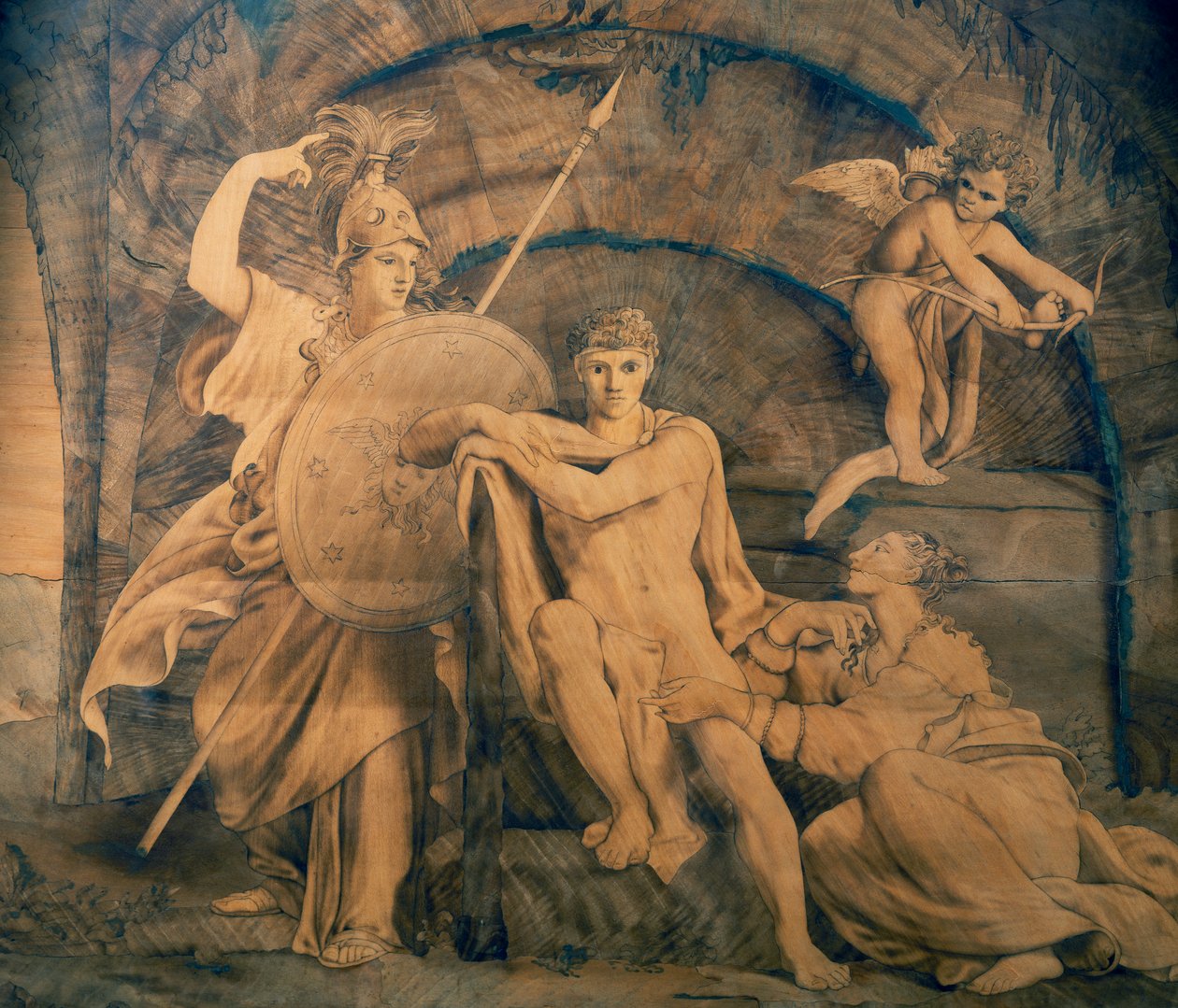 Hercules vid korsningen mellan fåfänga och berömmelse, inlagt träverk av Giovanni Maffezzoli (1779-1818) från design av målaren Giuseppe Diotti, Italien av Giovanni Maffezzoli