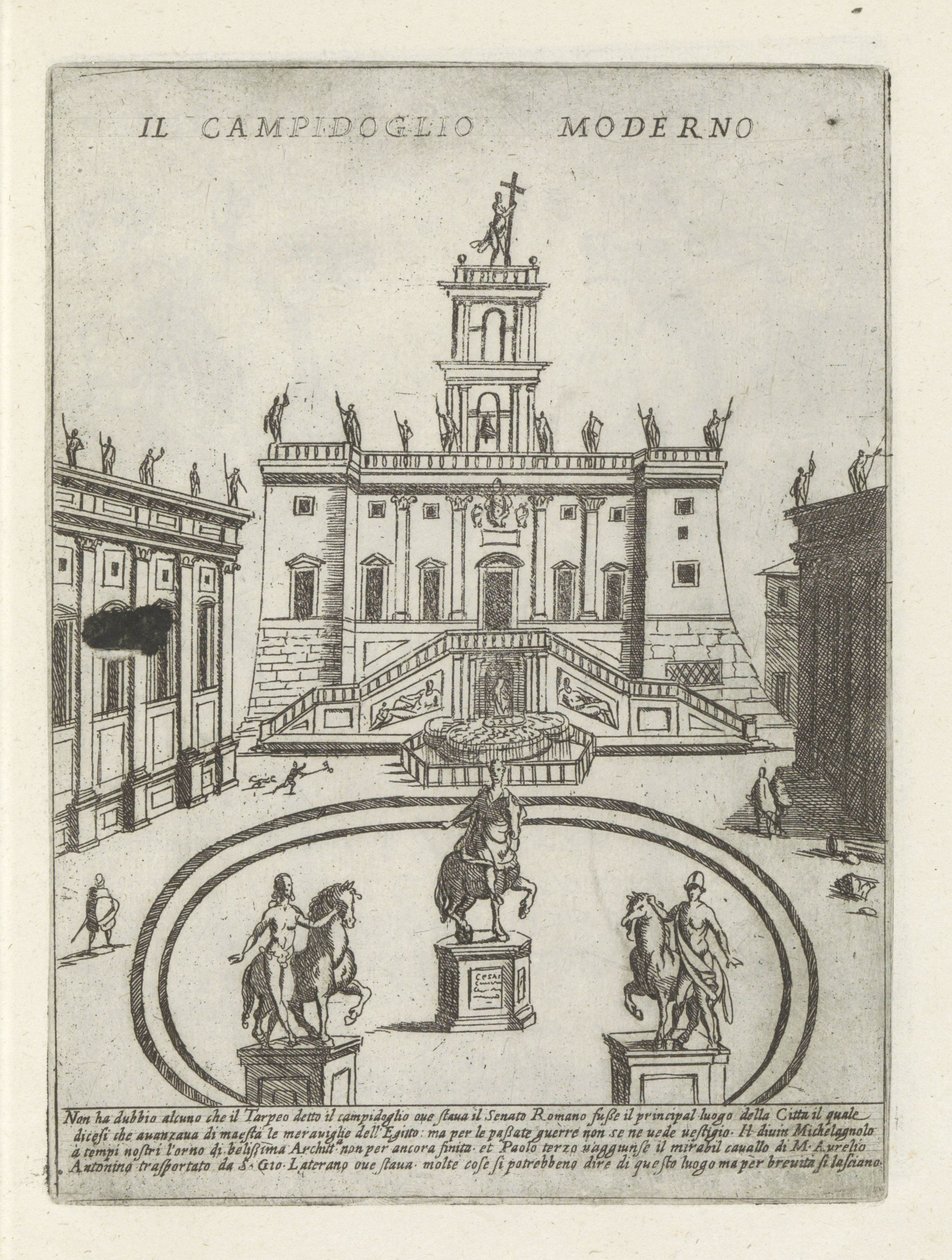 Capitool i Rom The modern Capitol (titel på objekt) Moderna och antika monumenten och byggnadsverk i Rom (serietitel) Utsmyckningar av antika och moderna byggnader i Alma-staden Rom (serietitel) av Giovanni Maggi