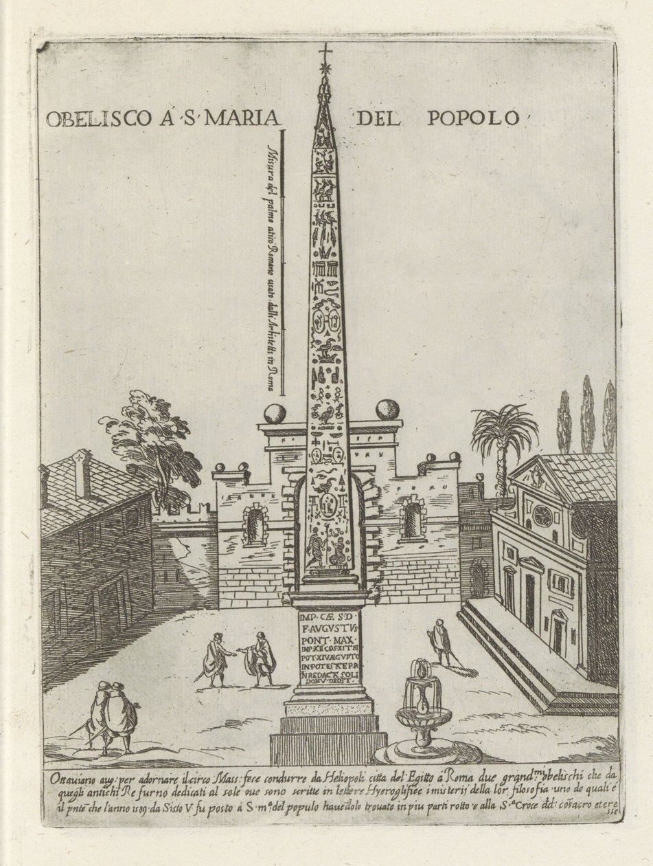 Den egyptiska obelisken av Ramses II på Piazza del Popolo i Rom Obelisco a S. Maria del Popolo (titel på objekt) Moderna och antika monument och byggnader i Rom (serietitel) Ornamenti di fabriche antichi et moderni dell