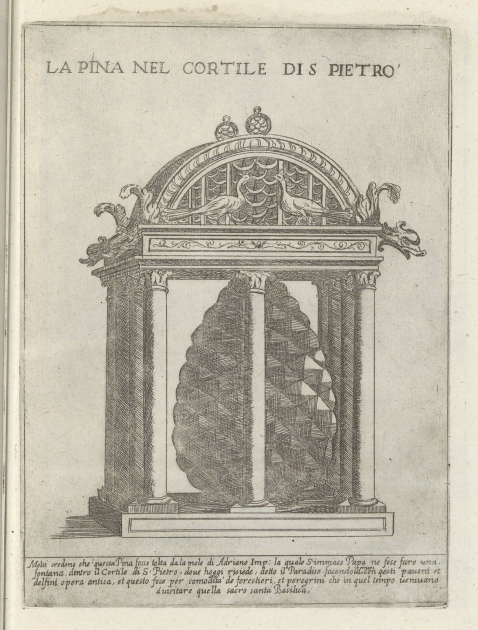 De Pigna te Vatikanstaten La Pina på St. Peters innergård (titel på objektet) Moderna och antika monument och byggnadsverk i Rom (serietitel) Ornament av antika och moderna byggnader i Alma City of Rome (serietitel) av Giovanni Maggi
