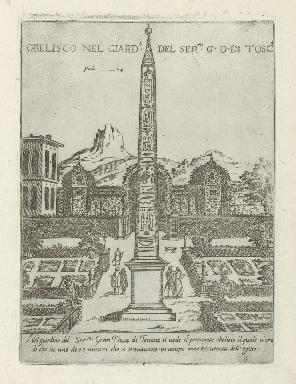 Egyptisk obelisk i trädgården till Villa Medici i Rom Obelisco nel giard.o del ser.mo G. D. Di Tosc.a (titel på objekt) Moderna och antika monument och byggnader i Rom (serietitel) Ornamenti di fabriche antichi et moderni dell