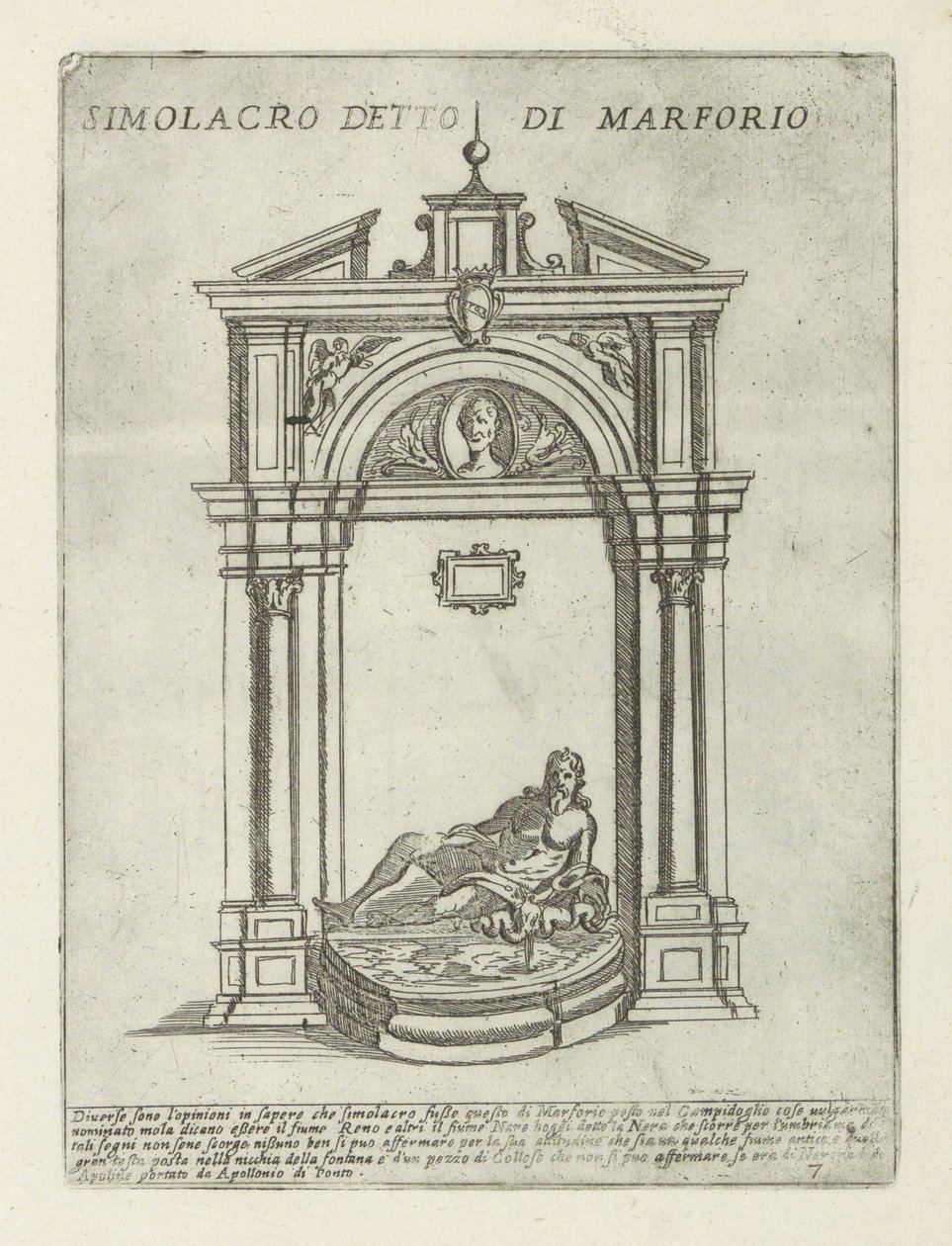 Fontän med statyn av Marforio Simolacro detto di Marforio (titel på objekt) Moderna och antika monument och byggnader i Rom (serietitel) Ornamenti di fabriche antichi et moderni dell