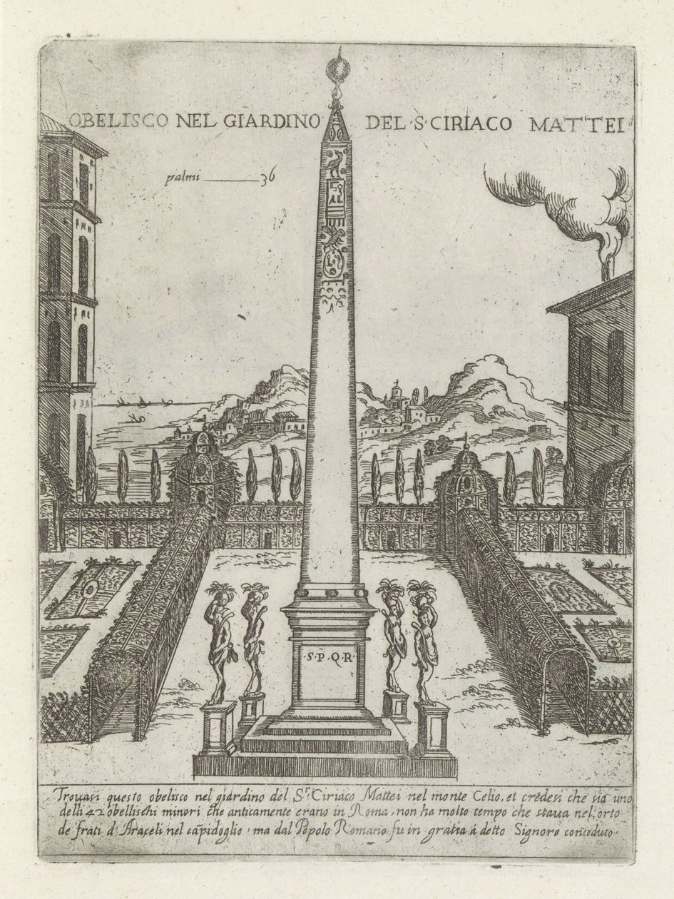 Obelisk i trädgården av Ciriaco Mattei Obelisk i S ciriaco Matteis trädgård (titel på objekt) Moderna och antika monumenten och byggnadsverk i Rom (serietitel) Utsmyckningar av antika och moderna byggnader i Alma-staden Rom (serietitel) av Giovanni Maggi