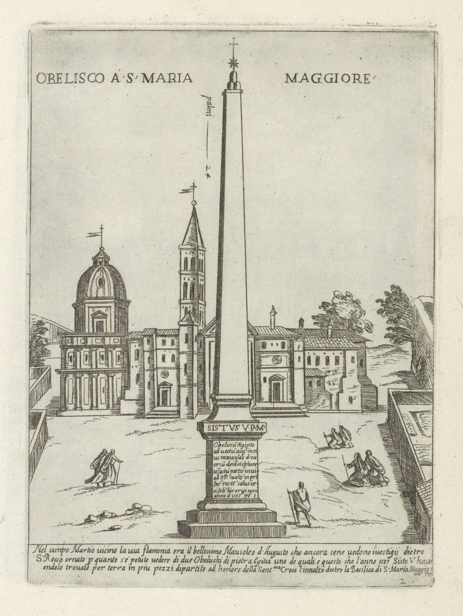 Obelisk för de Santa Maria Maggiore Obelisk i S. Maria Maggiore (titel på objekt) Moderna och antika monumenten och byggnadsverk i Rom (serietitel) Utsmyckningar av antika och moderna byggnader i Alma-staden Rom (serietitel) av Giovanni Maggi