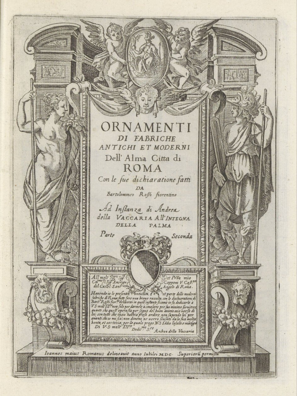 Titeltryck med allegoriska figurer och putti Moderna och antika monument och byggnader i Rom (serietitel) Ornamenti di fabriche antichi et moderni dell