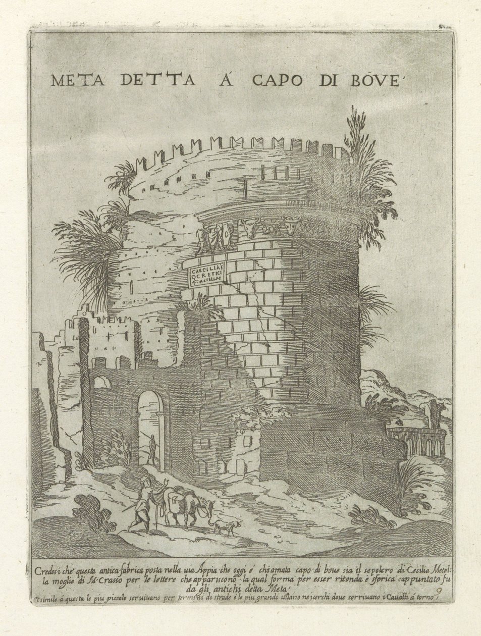 Tombe van Caecilia Metella te Rom Meta som kallas a capo di bove (titel på objekt) Moderna och antika monument och byggnadsverk i Rom (serietitel) Ornament av antika och moderna byggnader i Alma City of Rome (serietitel) av Giovanni Maggi