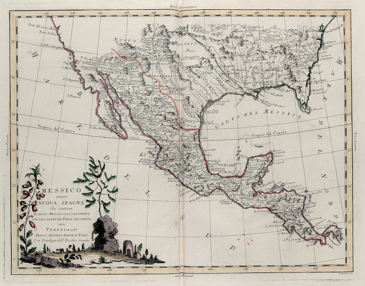 Mexiko eller Nya Spanien som innehåller New Mexico, Kalifornien med en del av angränsande länder, från Tome IV i New Atlas, graverad av G. Zuliani, 1785 av Giovanni Marco Pitteri