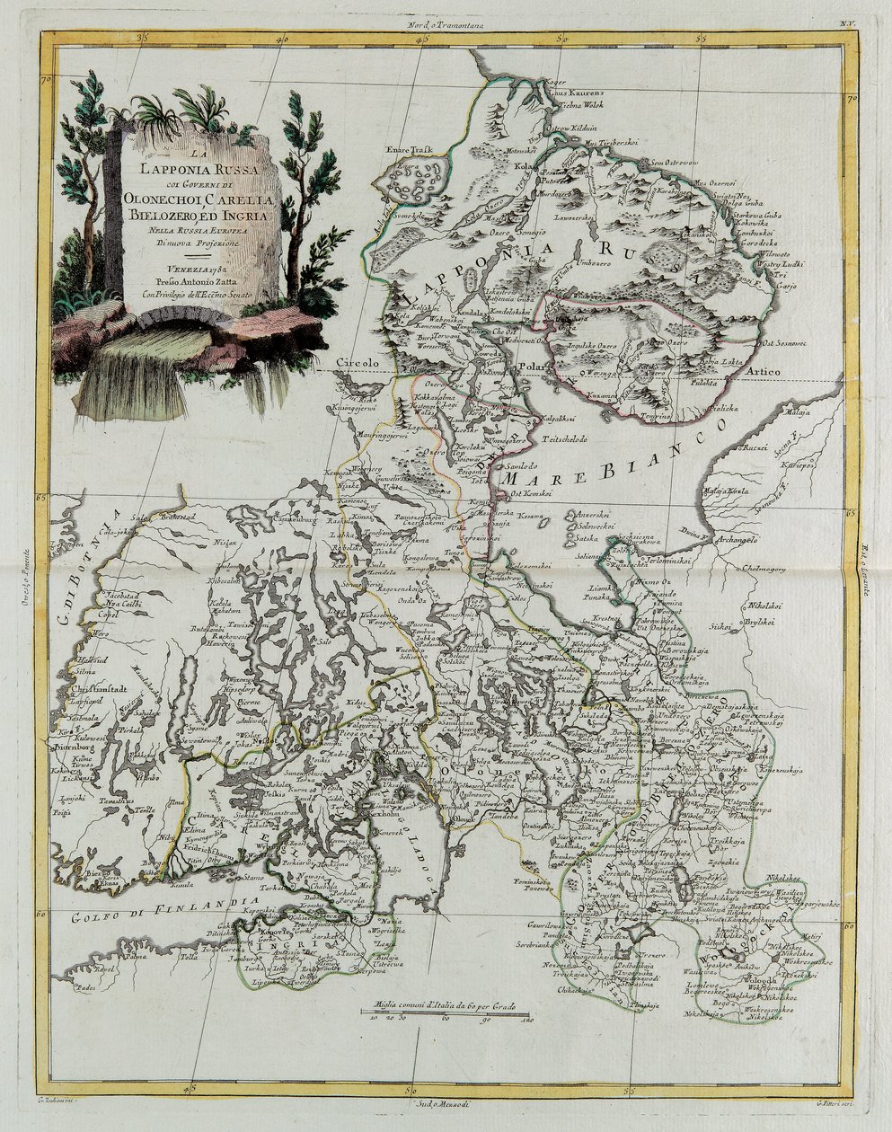 Ryska Lappland med regeringar i Olonecholi, Carelia, Bielozero och Ingria i det europeiska Ryssland, från Tome III i "Nya Atlasen", graverad av G. Zuliani av Giovanni Marco Pitteri