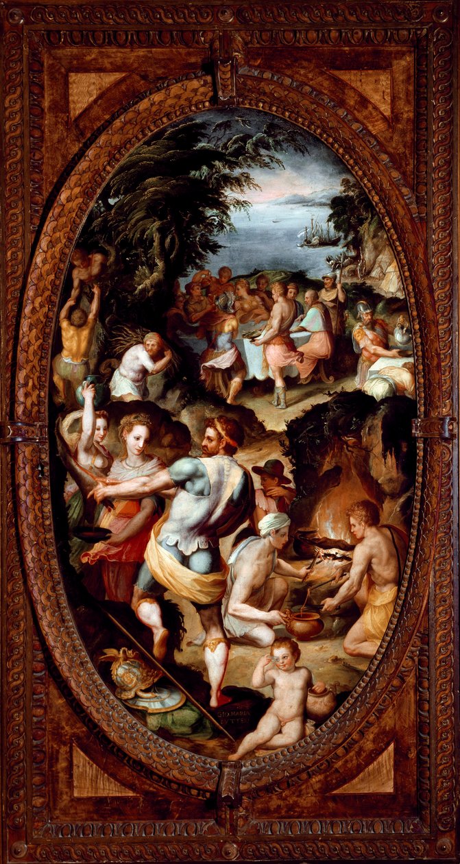 Upptäckten av glas. Förberedelse av en bankett. (Målning av Giovanni Maria Butteri
