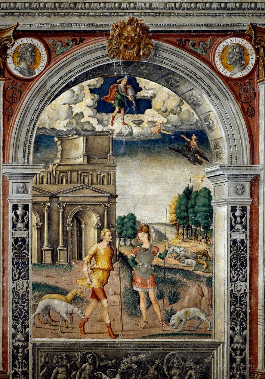 Zodiakens tecken: "" Vattumannen"" Medaljonger med porträtt av kejsarna Septime Severe och Pescennius Niger, hans rival. Nedan, legende associerad med födelsen av stjärnbilden som motsvarar tecknet: den gudomliga Diana med en jägare i fronten av Giovanni Maria Falconetto