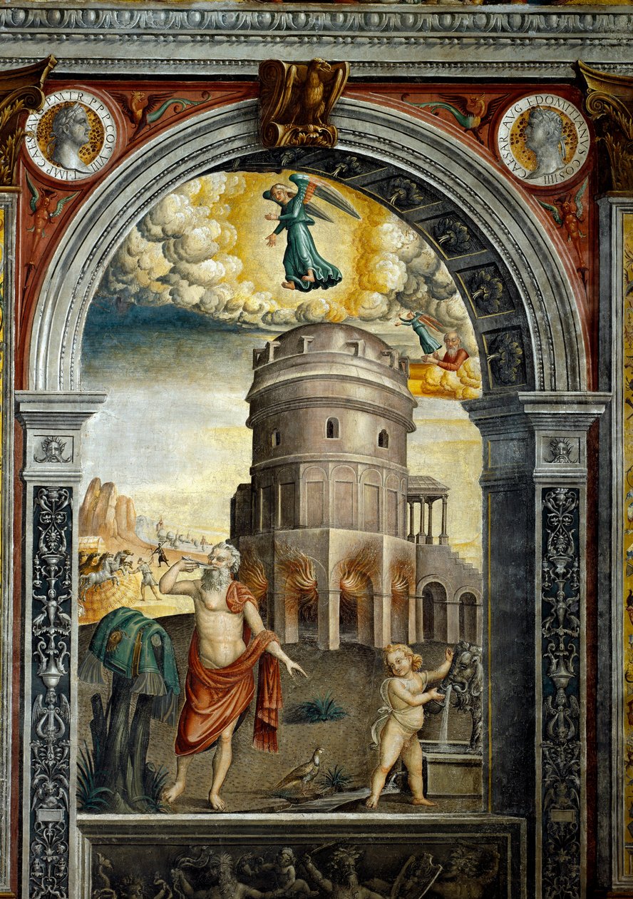 Zodiakens tecken: "" Jungfrun"" Medaljonger med porträtt av kejsarna Titus och Domitianus. Nedan, legende i samband med födelsen av stjärnbilden som motsvarar tecknet: en man som dricker framför mausolee av Theodoric i Ravenna. F av Giovanni Maria Falconetto