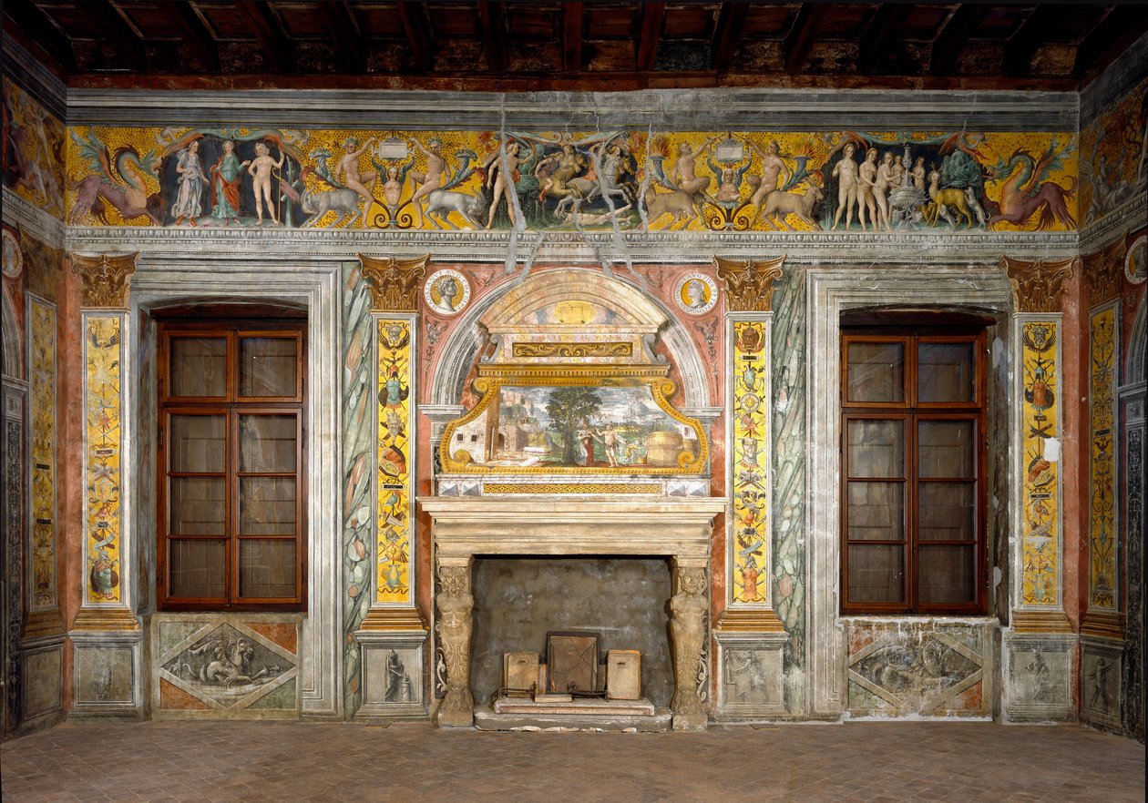 Zodiakens tecken: "" Balansen""" Medaljonger med porträtt av kejsarna Hadrianus och Antonin den fromma. Fresken har försämrats. Fresk tillskriven Giovanni Maria Falconetto (1468-1534) 1520 runt Mantua, Palazzo d