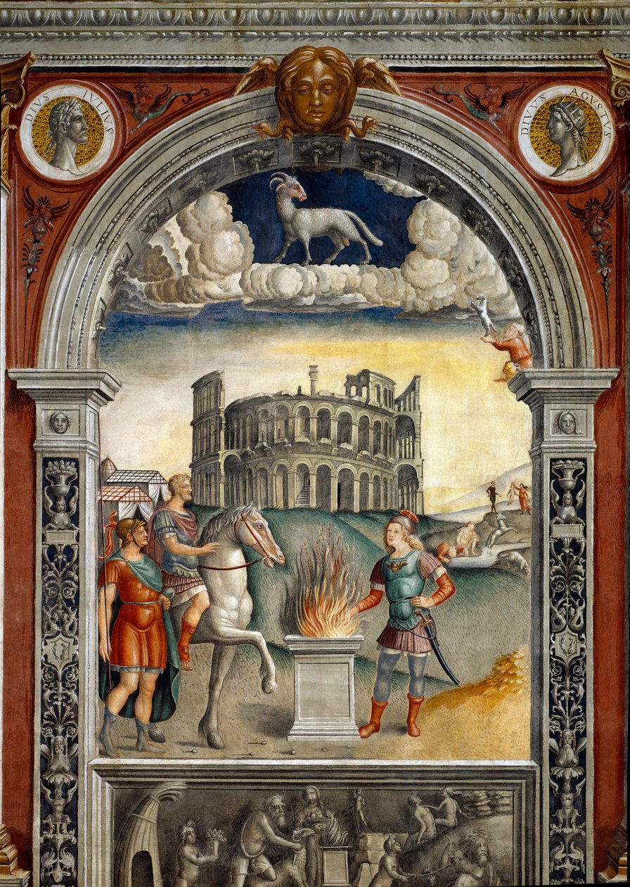 Zodiakens tecken: "" The belier""" Medaljonger med porträtt av Jules Cesar och Augustus. Nedan, legende associerad med födelsen av stjärnbilden som motsvarar tecknet: Caius Mucius Scaevola, införd i fiendens läger etruskiska ki av Giovanni Maria Falconetto