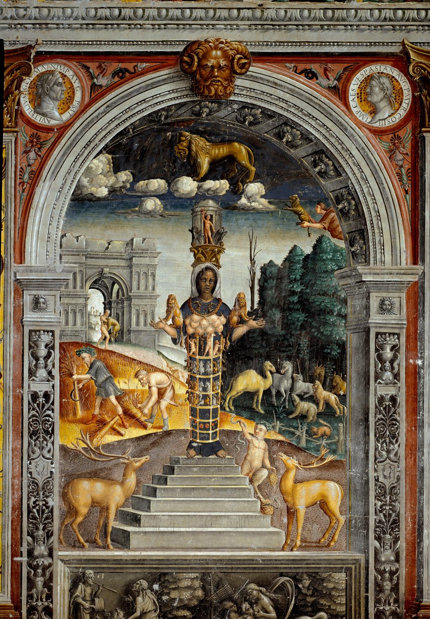 Zodiakens tecken: "" Lejonet""" Medaljonger med porträtt av kejsarna Vitellius och Vespasianus. Nedan, legende associerad med födelsen av stjärnbilden som motsvarar tecknet: gudomen Artemis av Efese. Fresk tillskriven Giovanni Mar av Giovanni Maria Falconetto