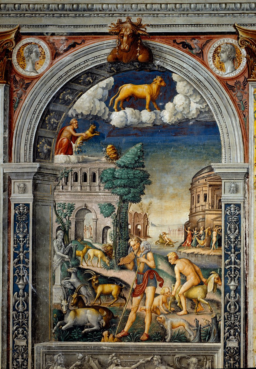 Zodiakens tecken: "" Tjuren""" Medaljonger med porträtt av Tibere och Caligula. Nedan, legende i samband med födelsen av konstellationen som motsvarar tecknet: guden Pan spelar flöjt. Till vänster lägger en get ner en liten. B av Giovanni Maria Falconetto