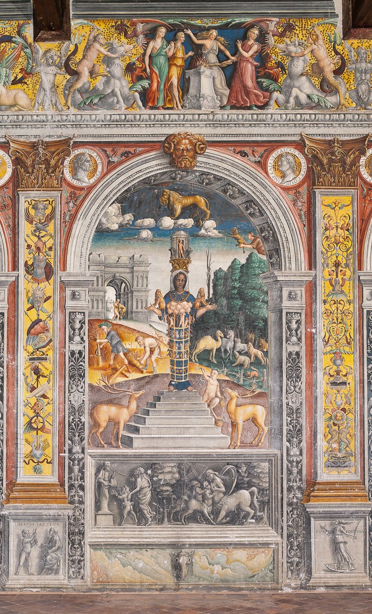 Lejonets astrologiska tecken med Diana, två rådjur och en satyr som på en sarkofag i Bleinhaim Palac; i bakgrunden Arco degli Argentari i Rom och Hercules som kämpar mot det Nemeiska lejonet, Zodiakens kammare (Camera dello Zodiaco) av Giovanni Maria Falconetto
