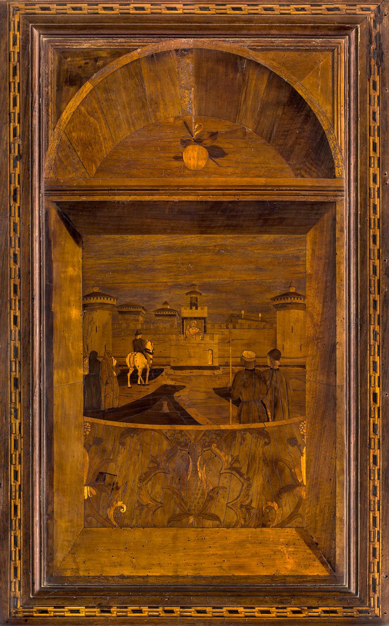 Lignaean Canonical Choir, inlagd av Giovanni Maria Platina 1484, Superior Stallo, utsikt över Sforzesco-slottet i Milano av Giovanni Maria Platina