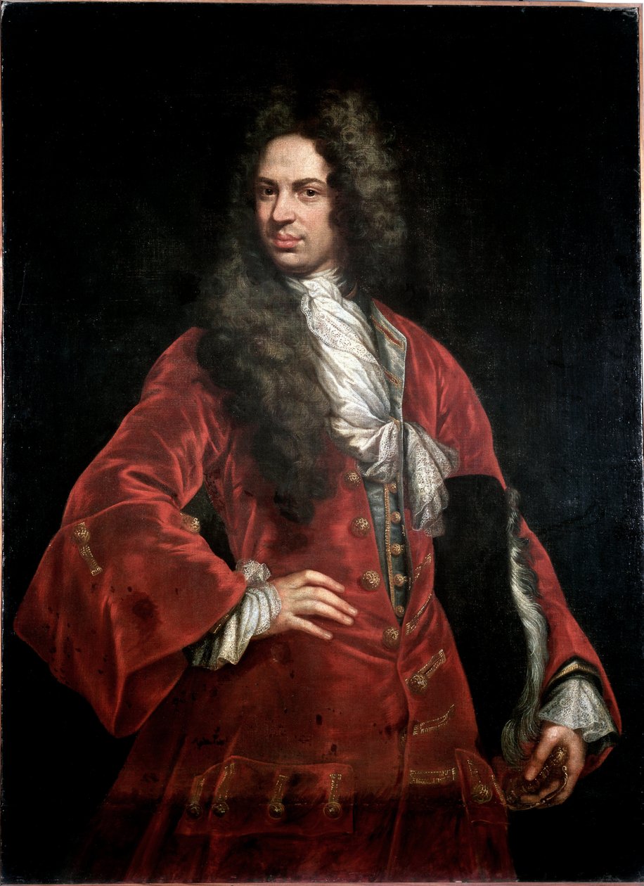 Porträtt av en gentleman i röd kostym Målning av Giovanni Maria Delle Piane dit il Mulinaretto (1660-1745) Dim 132x97 cm Genes Musei di Strada Nuova (ex Palazzo Bianco) av Giovanni Maria delle called Mulinaretto Piane