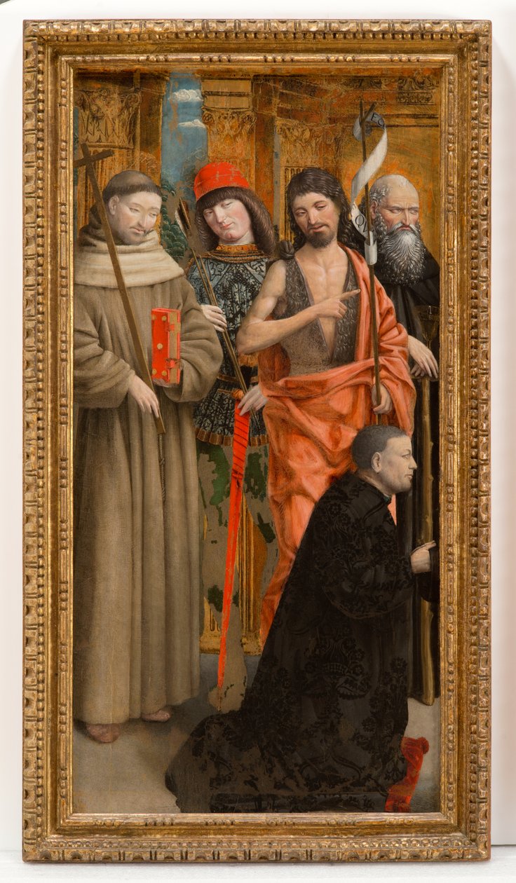 De heliga Franciskus av Assisi, Sebastian, Johannes Döparen, Anthony Abbot med givaren av Giovanni Martino Spanzotti