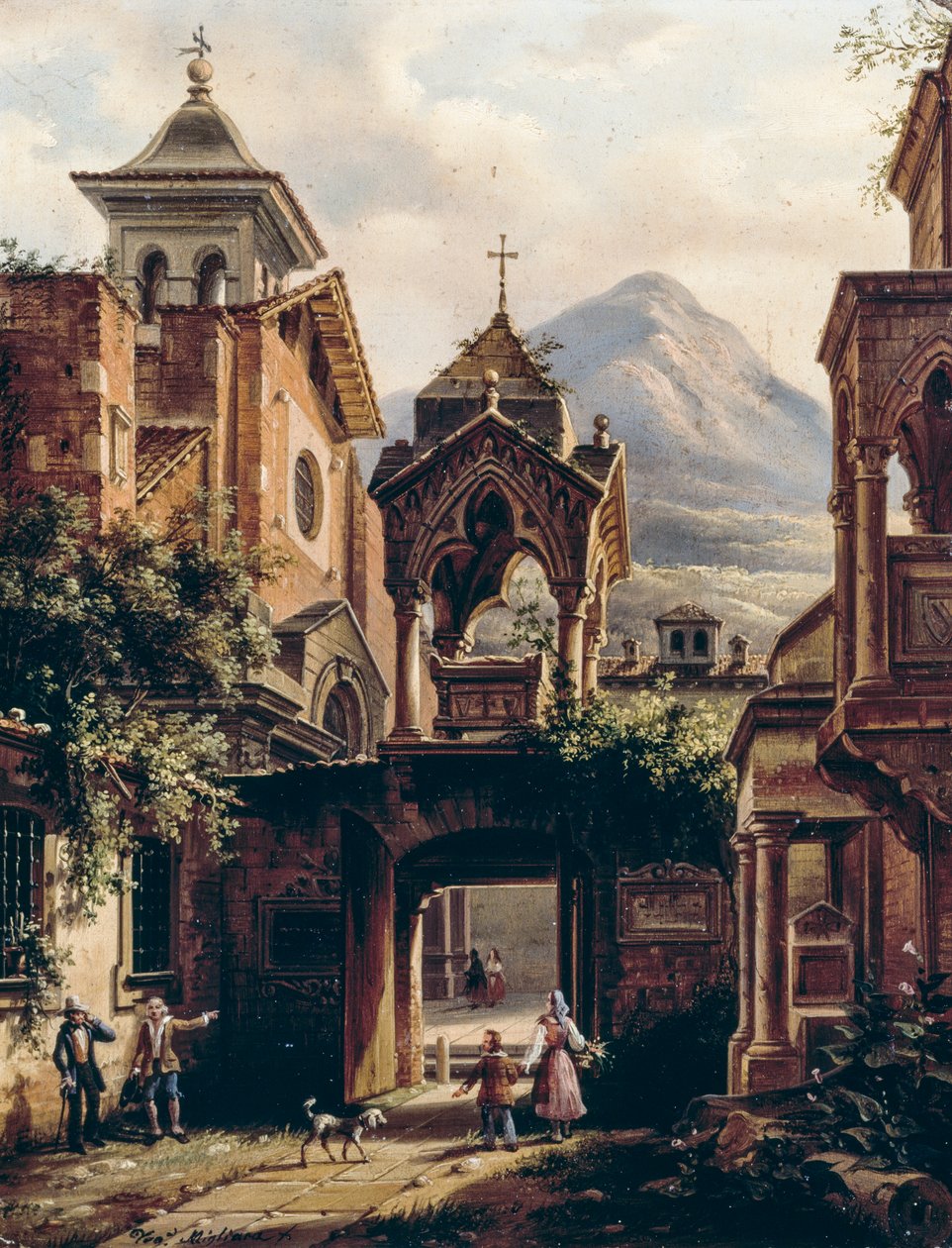 Exteriör av forntida kloster med personer, av Giovanni Migliara (1785-1837) (signerad Teodolinda Migliara), olja ombord av Giovanni Migliara