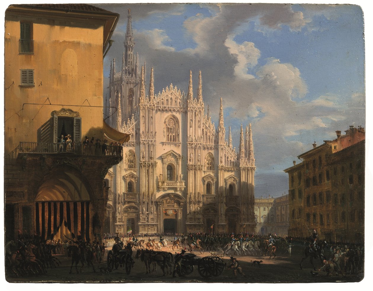 Utsikt över Piazza Duomo med den täckta dei Figini och Isolate del Rebecchino, Milano (olja på panel) av Giovanni Migliara