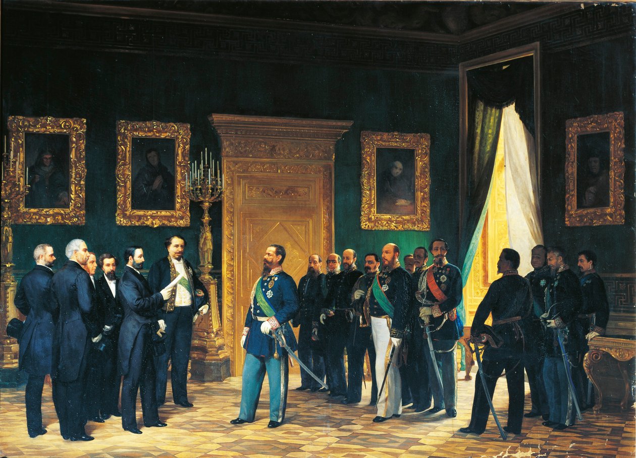Andra frihetskriget - Victor Emmanuel från Savojen tar emot toskanska sändebud med dekretet om annekteringen av Toscana till det italienska kungariket av Giovanni Mochi