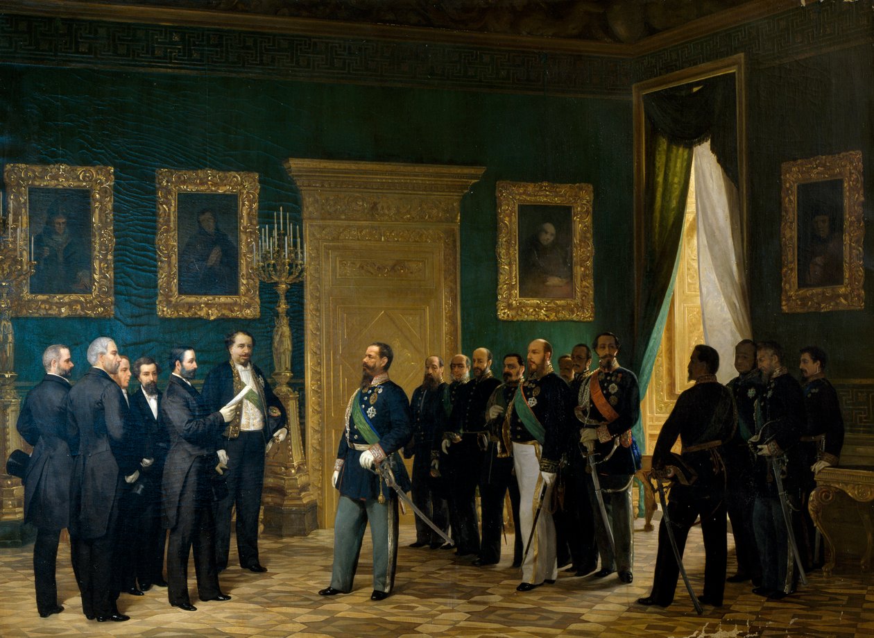 Victor Emmanuel II tar emot toskanska representanter med dekretet om annektering till kungariket. Italien av Giovanni Mochi