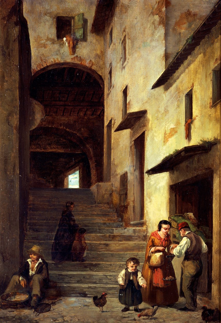 Utsikt över en gata i Sestri Levante, Riviera of Genua, ca 1863, av Giovanni Mochi (1829-1893), olja på duk, 40x30 cm. av Giovanni Mochi