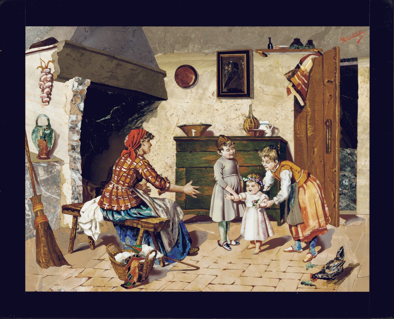 Bildtavla som visar en stuginteriörscen med mamma, två unga flickor och ett spädbarn som tar sina första steg, Florens, ca 1900-10 (pietra dura) av Giovanni Montelatici