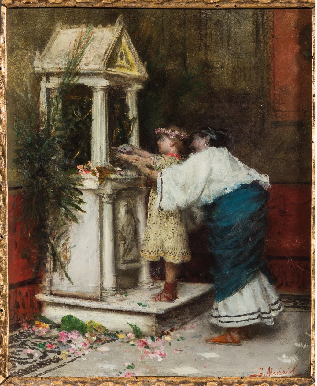 Mor och dotter framför ett litet tempel (olja på duk) av Giovanni Muzzioli