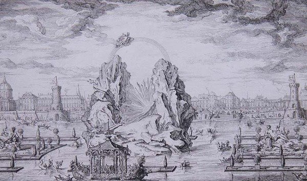 Fyrverkerier för att fira Dauphins födelse (son till Ludvig XV) graverade av Jean Dumont (Le Romain) (1701-81) 1730 (etsning) av Giovanni Niccolo (after) Servandoni