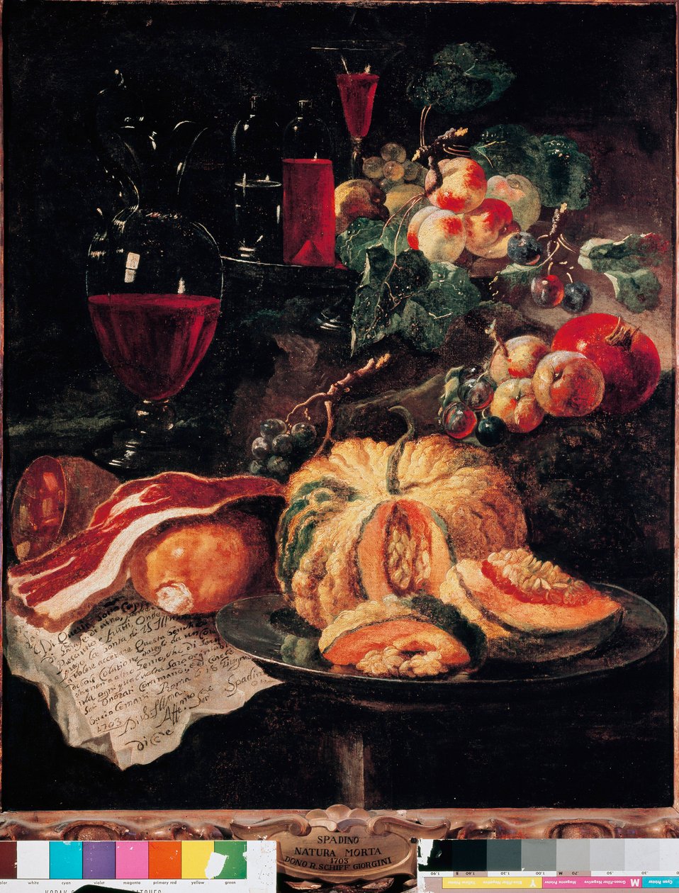 Stilleben Pumpa, bacon, skinka, persikor och vin. Målning av Giovan Paolo Castelli dit Lo Spadino (1659-1730) 1703 Rom, Museum of the Conservatori capitolini av Giovanni Paolo Castelli