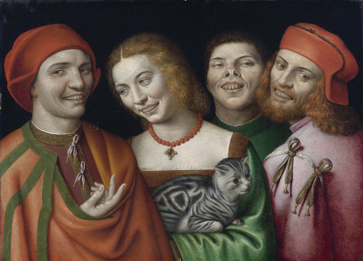 ""Porträtt av tre män och en kvinna som håller en katt"" (Tre män med en kvinna som håller en katt) Målning av Giovanni Paolo Lomazzo (1538-1600) Privat samling av Giovanni Paolo Lomazzo