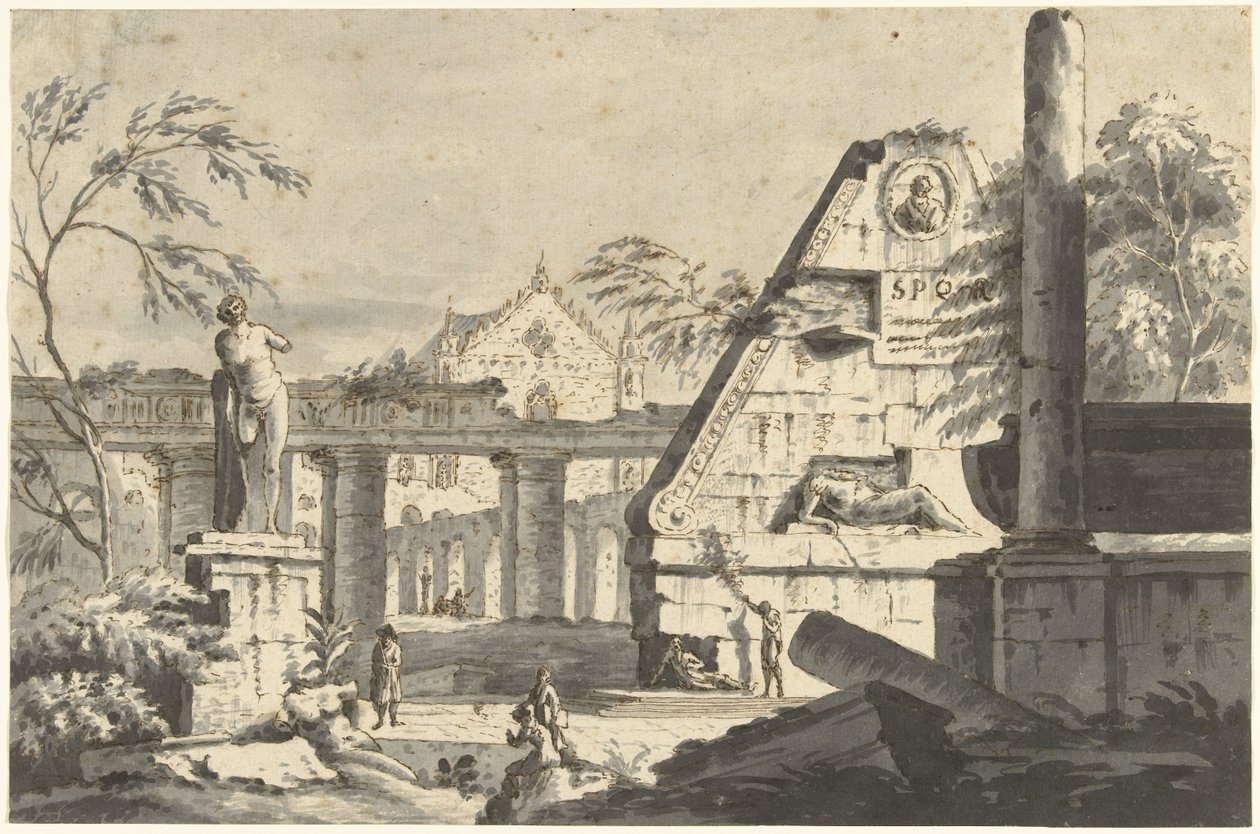 Landskap med gamla ruiner av byggnader och statyer av Giovanni Paolo Pannini (possibly)