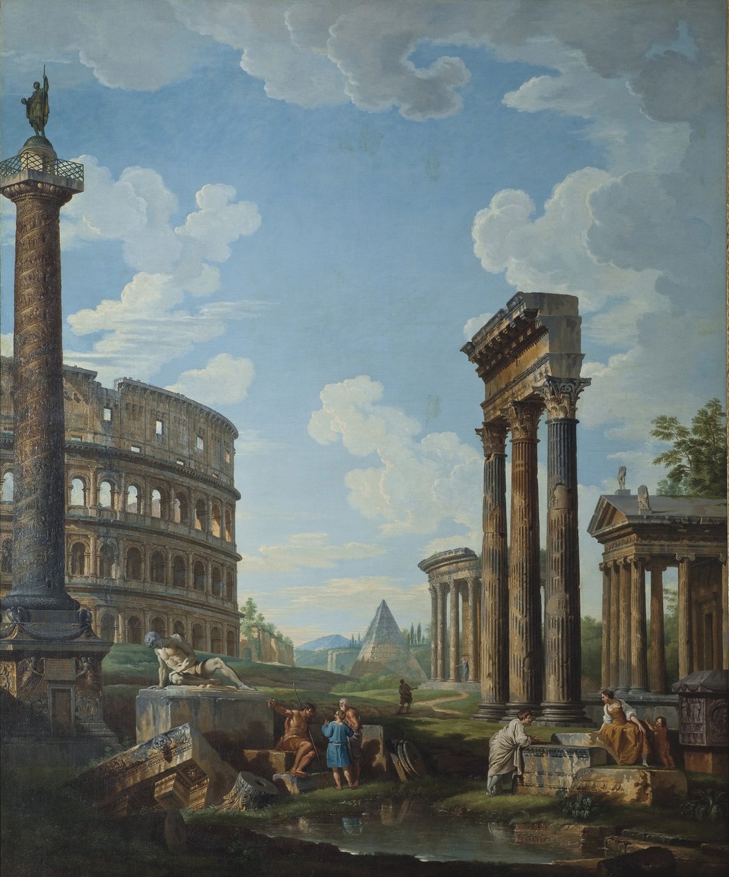 En capriccio med figurer bland romerska ruiner, inklusive Konstantins båge och Pantheon av Giovanni Paolo Pannini