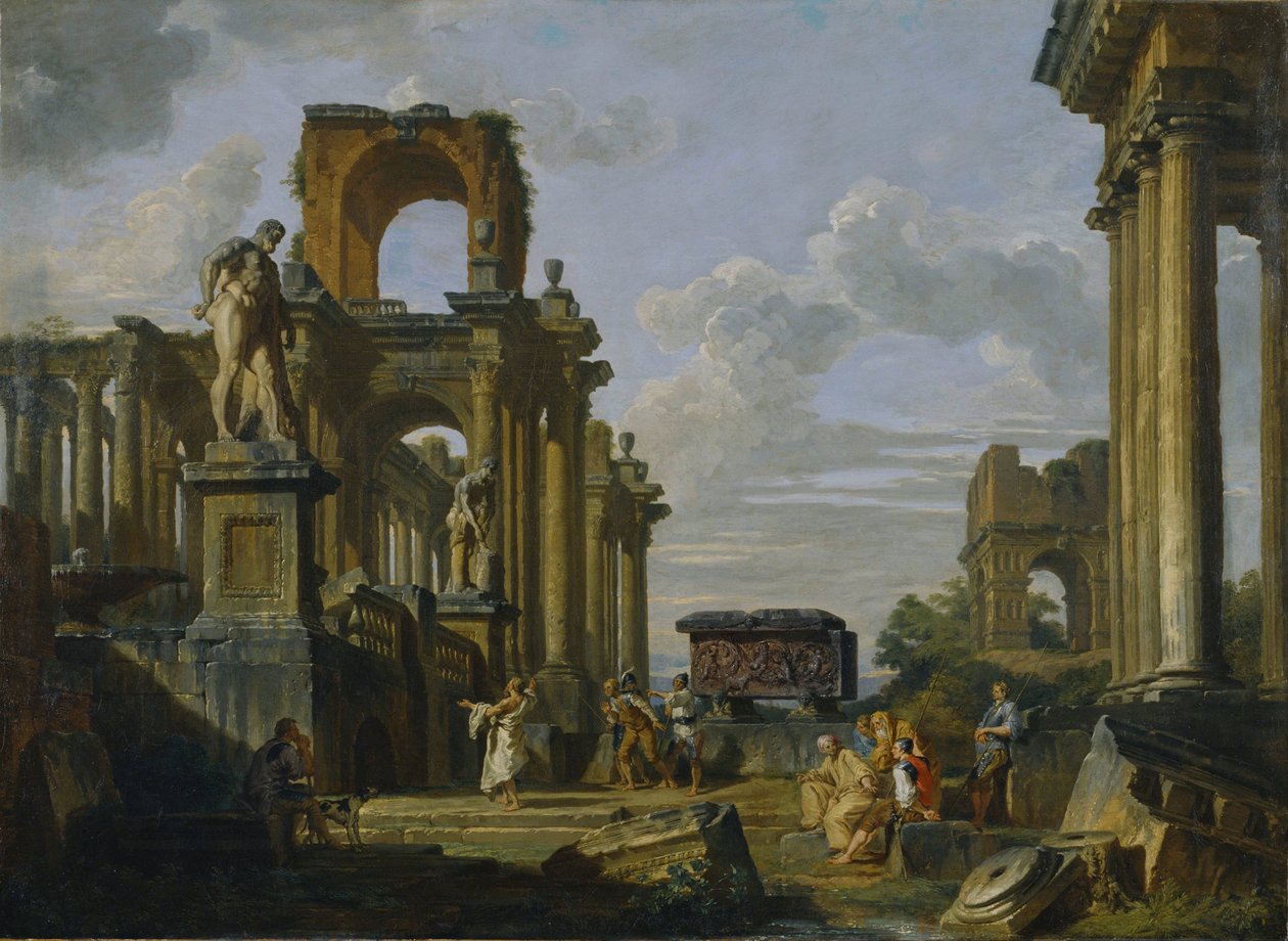 Arkitektonisk Capriccio av Forum Romanum med filosofer och soldater bland antika ruiner av Giovanni Paolo Pannini