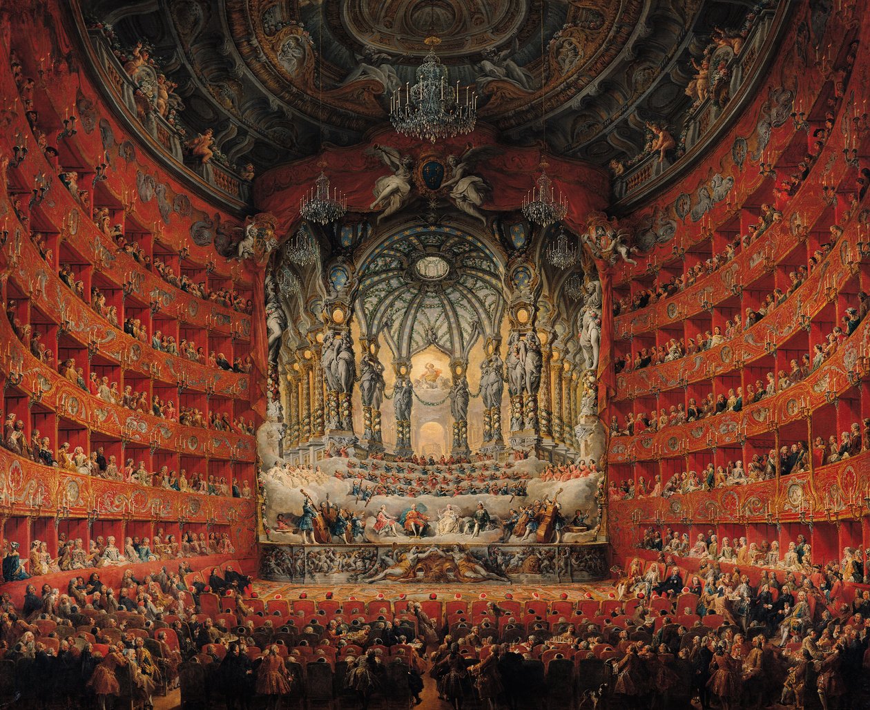 Konsert av kardinal de La Rochefoucauld på Argentina-teatern i Rom, om äktenskapet mellan Ludvig den Dauphin (1729-65), son till Ludvig XV, med Marie-Josephe av Sachsen (1731-67), 1747 (olja på duk) av Giovanni Paolo Pannini