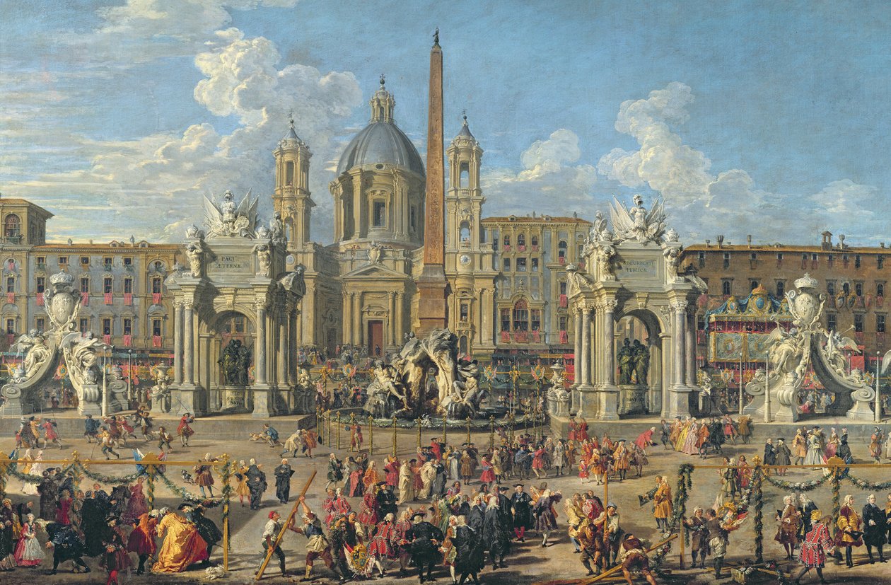 Förberedelser för det fyrverkeri som hölls på Piazza Navona i Rom för att fira Dauphins födelse, 1729 (detalj av 91023) av Giovanni Paolo Pannini