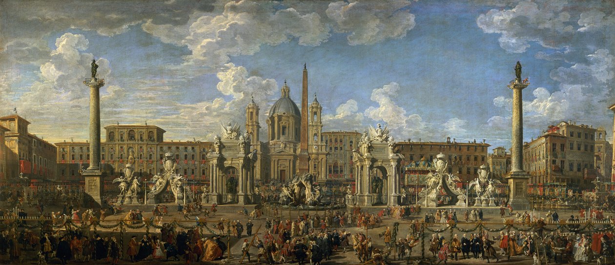 Förberedelser för det fyrverkeri som hölls på Piazza Navona i Rom för att fira Dauphins födelse, 1729 av Giovanni Paolo Pannini