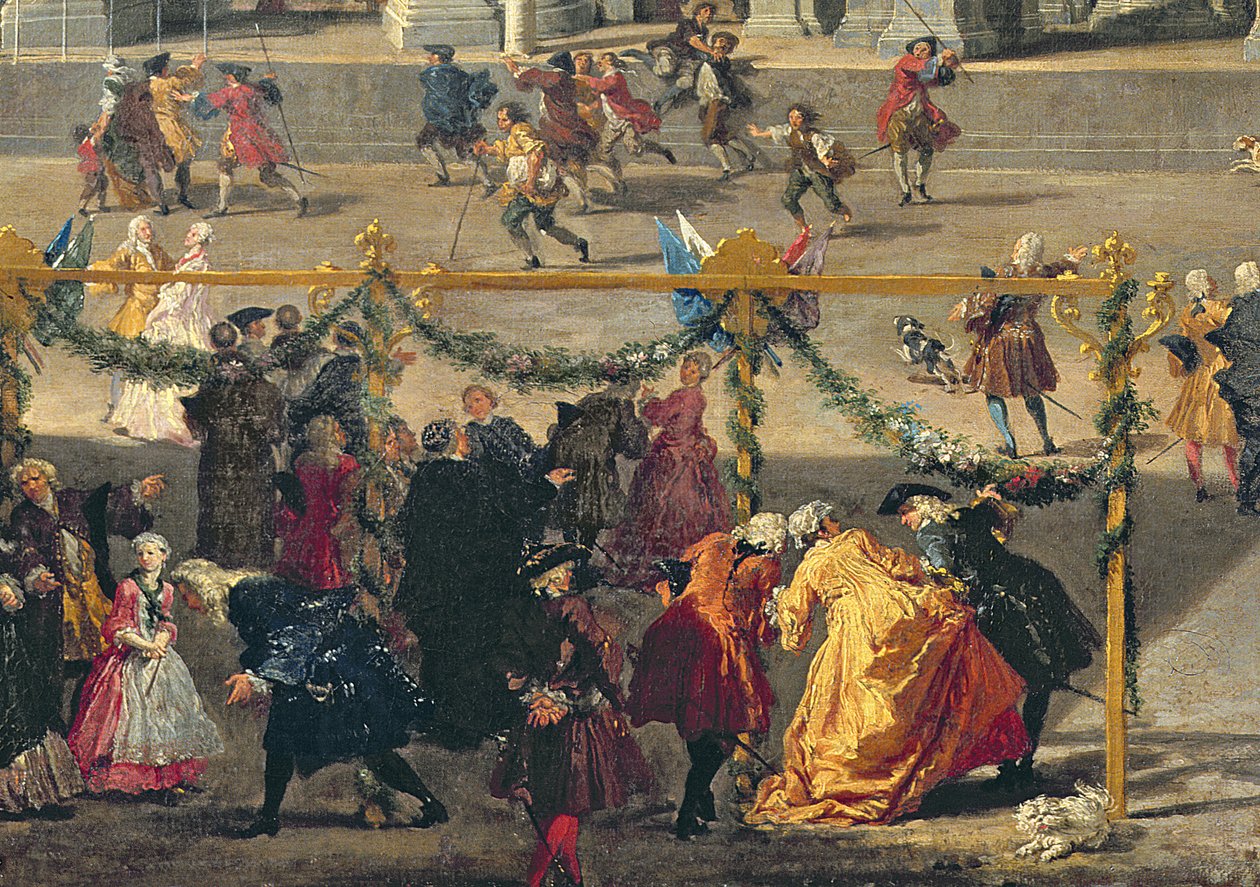 Förberedelser inför fyrverkeriet som hölls på Piazza Navona, Rom, för att fira Dauphins födelse, 1729 (detalj av 91023) av Giovanni Paolo Pannini