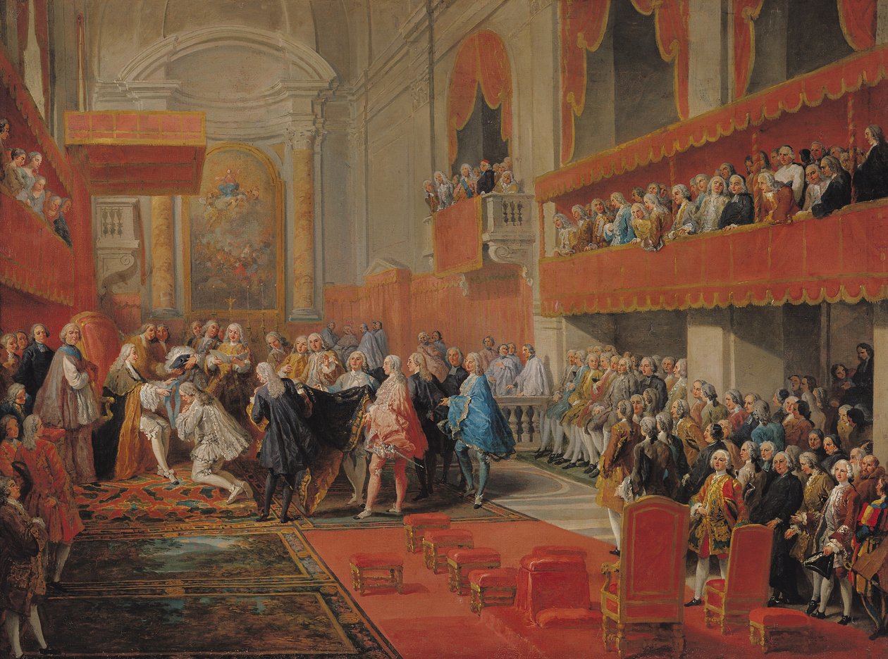 Presentation av den helige Andes orden till prins Vaini av Paul-Hippolyte de Beauvillers (1684-1776) hertig av Saint-Aignan 1732, ca 1752 av Giovanni Paolo Pannini