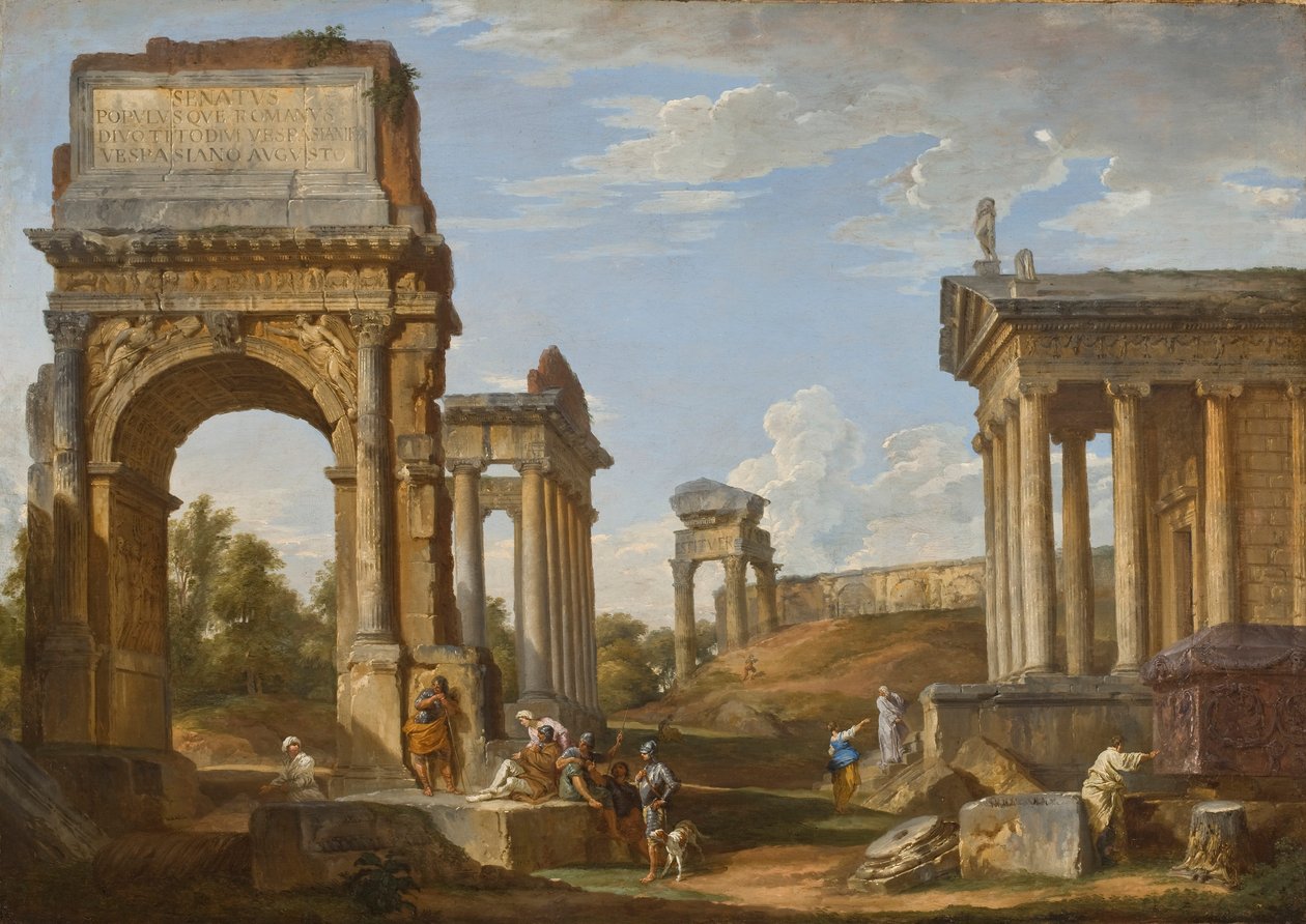 Romerska ruiner med Titusbågen, 1734 av Giovanni Paolo Pannini