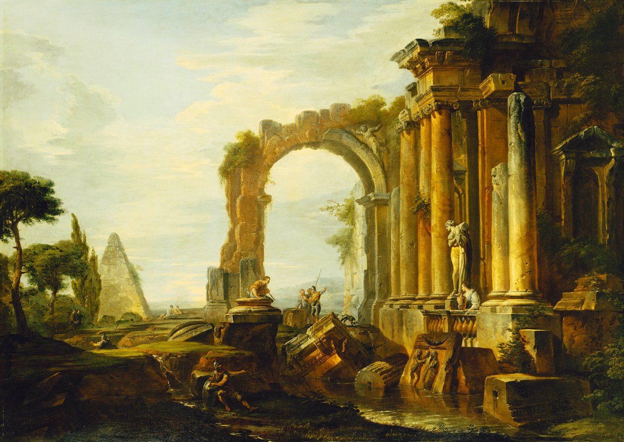 En Capriccio av klassiska ruiner med Cestius-pyramiden och figurer i ett landskap, av Giovanni Paolo Pannini