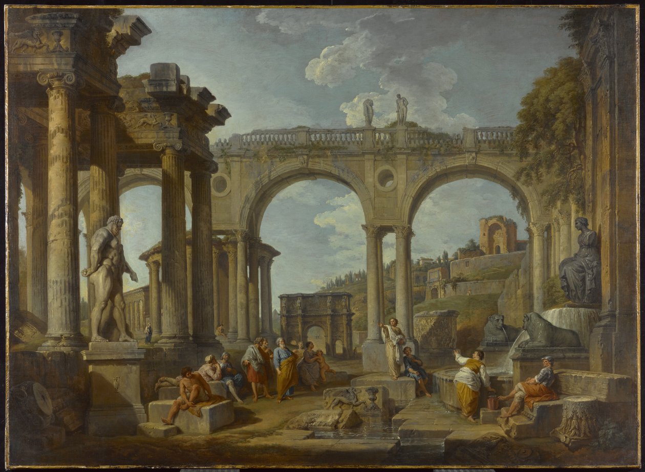 En Capriccio av romerska ruiner med Konstantins båge, c.1755 av Giovanni Paolo Pannini