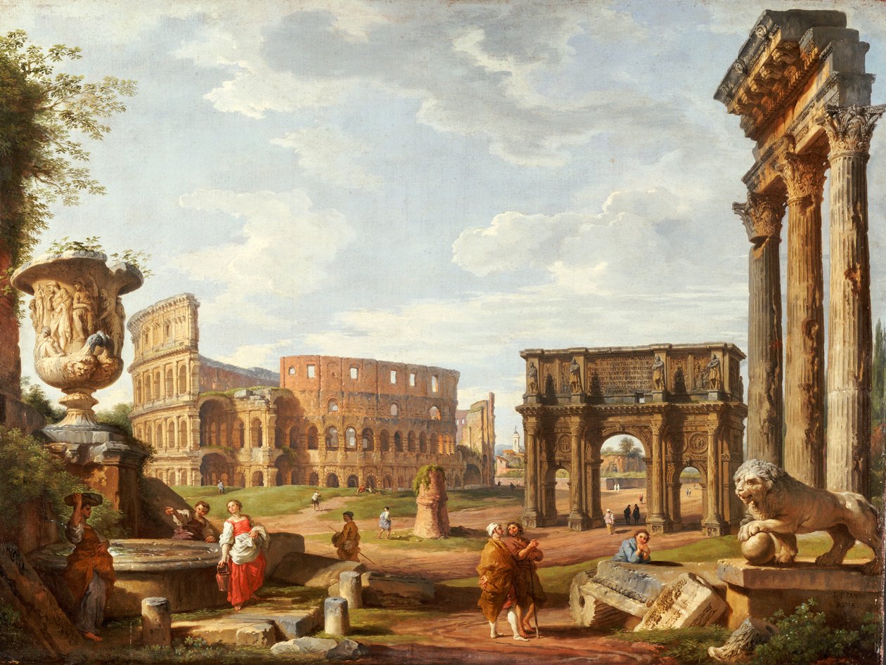 En Capriccio-vy av Rom, 1743 av Giovanni Paolo Pannini