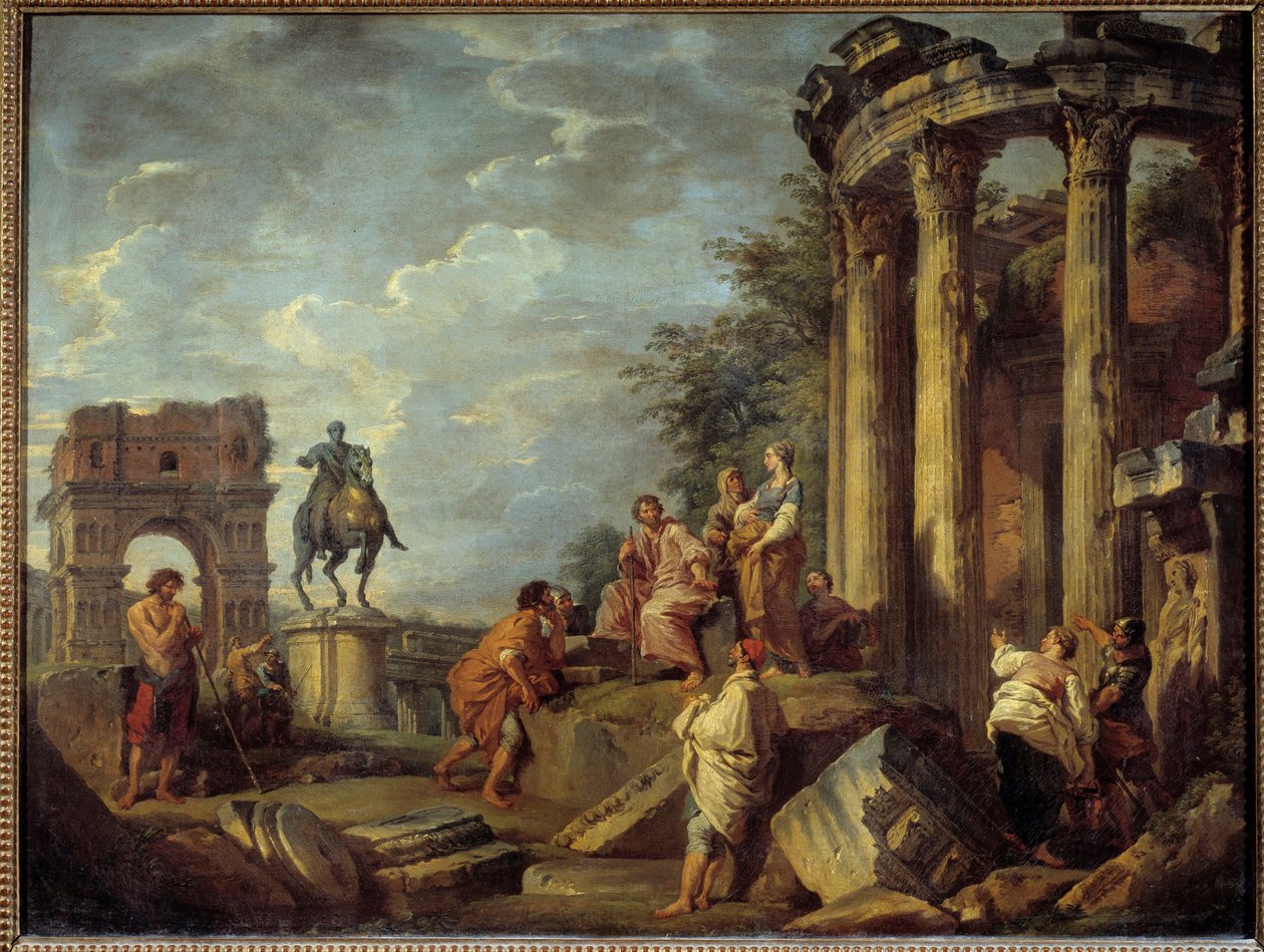 Arkitektoniska ruiner med Janus båge, Vesta-templet och statyn av Marc Aurele (Marco Aurelio) Målning av Giovanni Paolo Pannini (Panini) (1691-1765) 1700-tal sön. 0,79x0,87 m av Giovanni Paolo Pannini