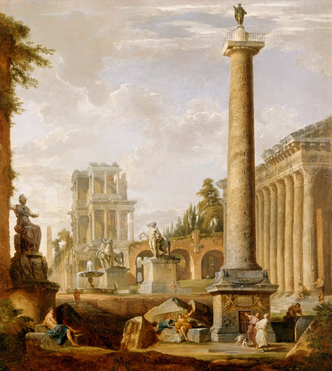 Capriccio av romerska ruiner med Trajanus kolumn (olja på duk) av Giovanni Paolo Pannini